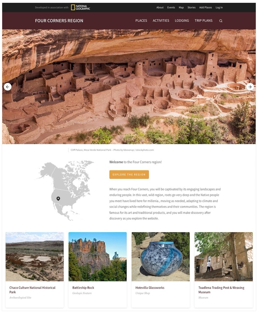 Four Corners Region Geotourism website home page screen