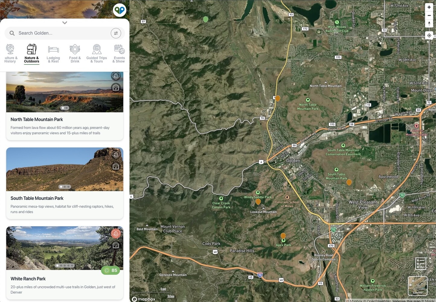 GoGood Golden mapguide web app screen showing outdoor experiences