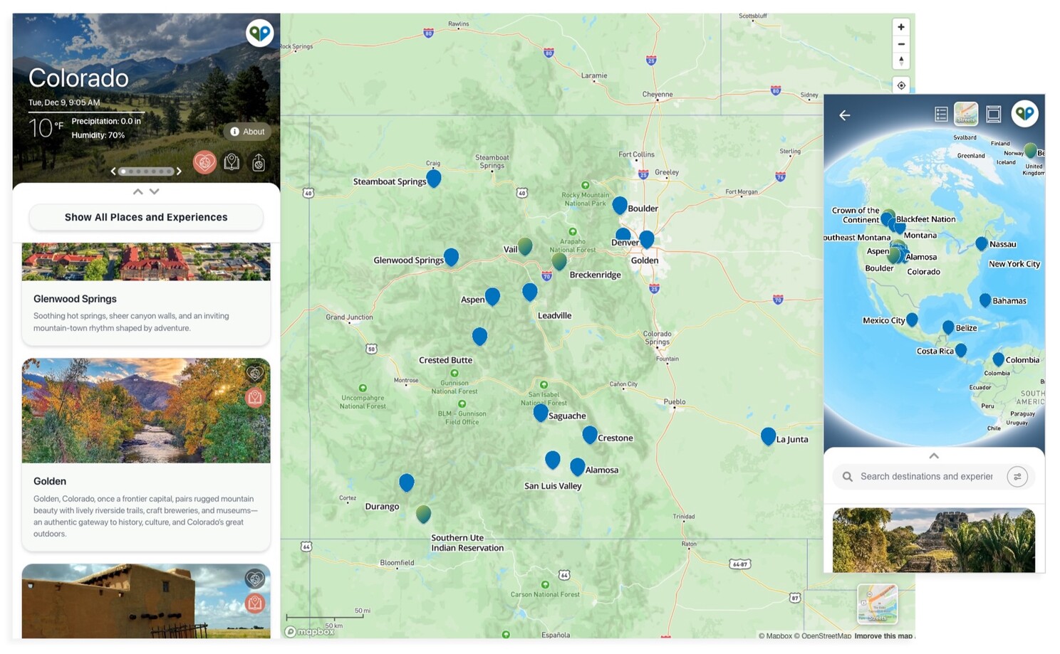 GoGood Colorado desktop app and global mobile app screens
